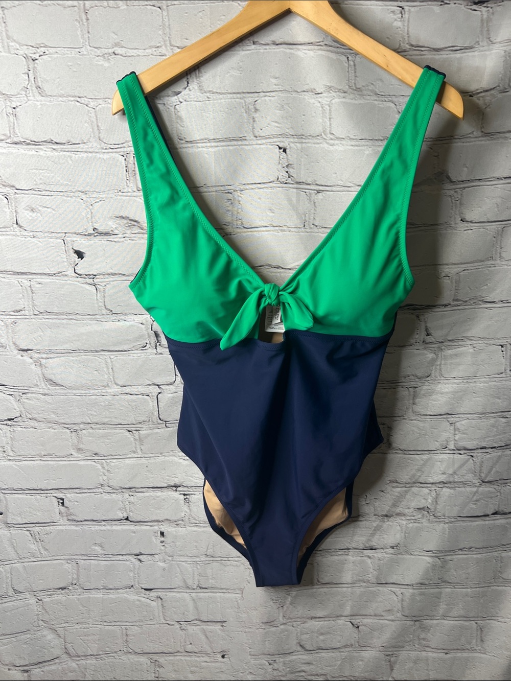 J.Crew Green & Navy Colorblock Tie Front One Piece Swimsuit Size L